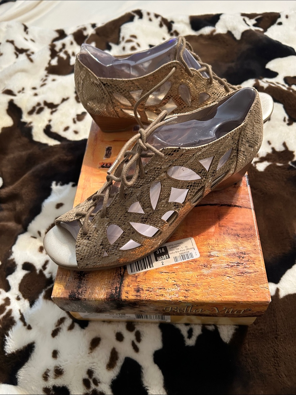 Bella Vita Taupe Cutout Lace-Up Peep Toe Wedges